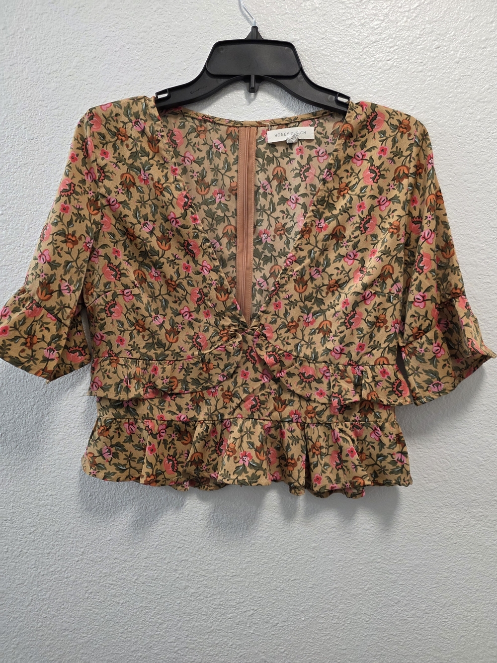 Honey Punch -Floral V‑Neck Ruffle Peplum Top - Pink Floral on Camel